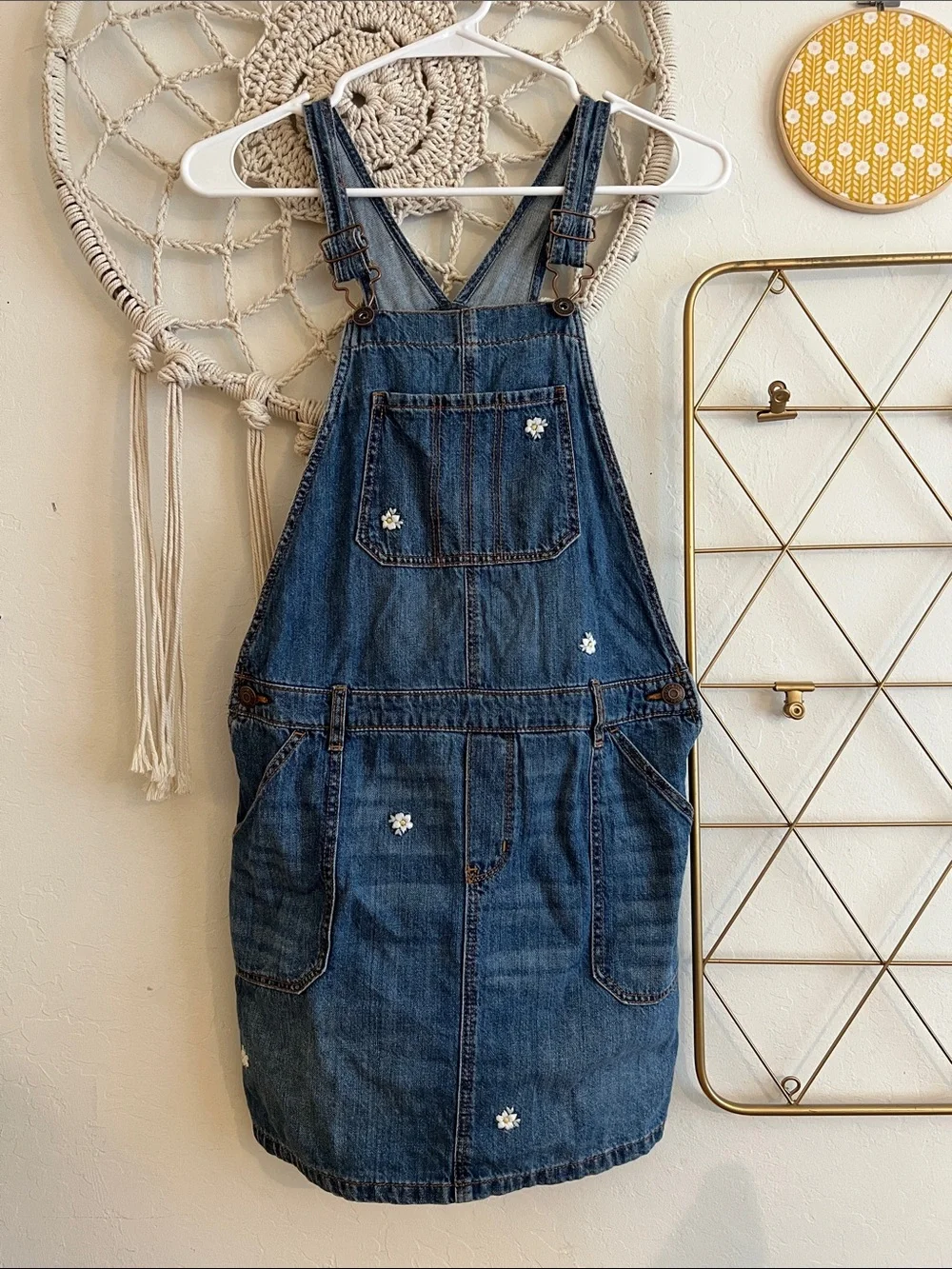 OshKosh B'gosh Blue Denim Overall Dress with White Flower Accents